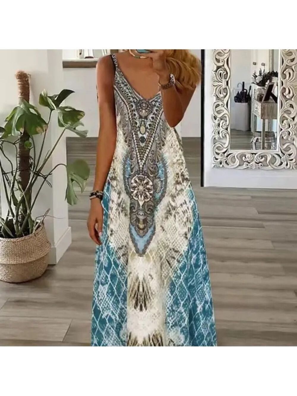 NWOT Women’s Size Large Snakeskin Print Bohemian Tribal Blue Maxi Cami Dress